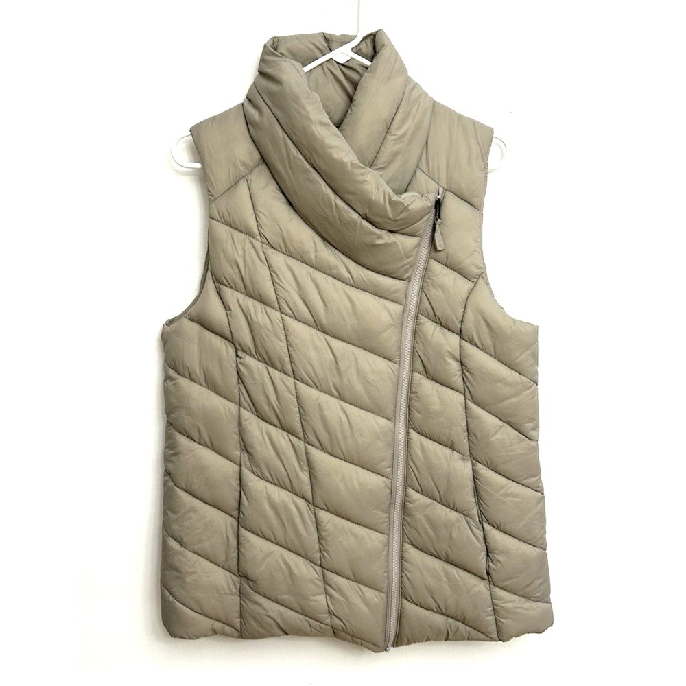 Nicole Miller Original Puffer Vest Women's L Beige Asymmetrical Zip Quilted